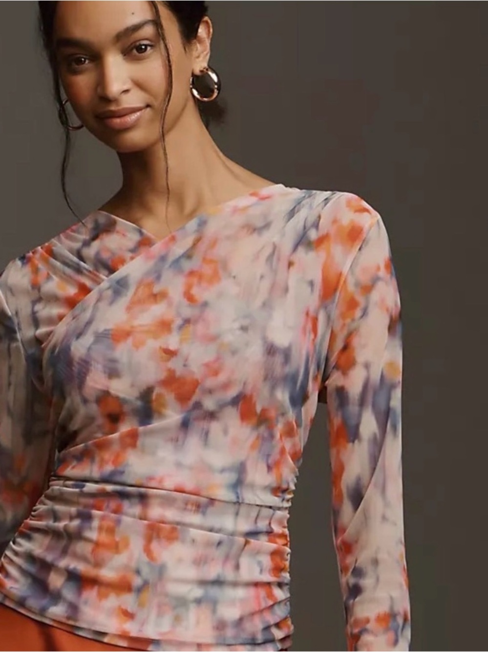 Anthropologie Long-Sleeve Crossover Mesh Top Abstract Watercolor Ruched Sz M